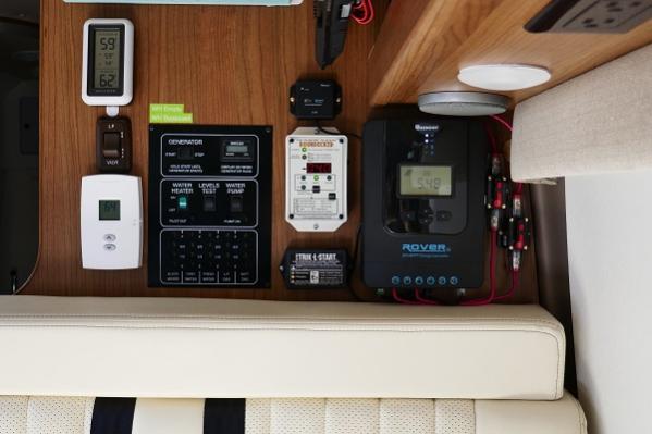 The dashboard.Left to right:In/Out temp, factory LP switch, furnace thermos, factory tank levels, Renogy BT module, Bogart Trimetric, Trik-L-Start, Renogy Rover 20 Controller, Circuit Breakers for PV Panels and Battery.